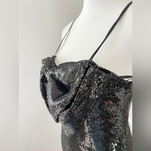 Torn by Ronny Kobo Black Sequin Silk Bow Slip Strapless Mini Dress size small - Picture 4 of 14